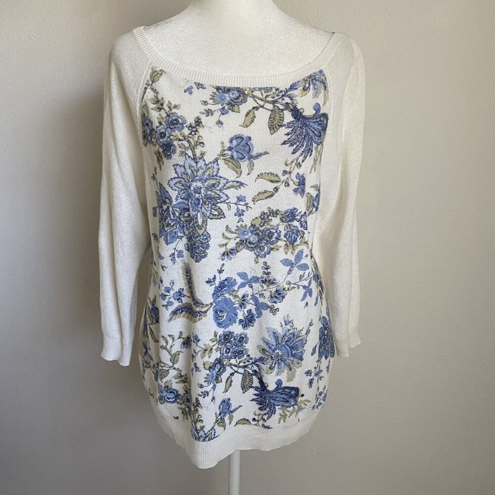 Chaps Womens L Large Biege Blue Floral Lightweight Sweater Knit Top Linen Blend
